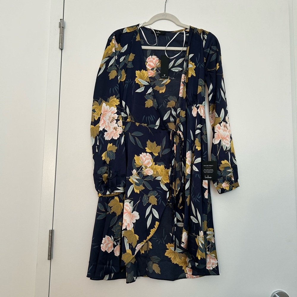 Lulu's Elegant Navy Floral Satin Dress - Picture 3 of 5